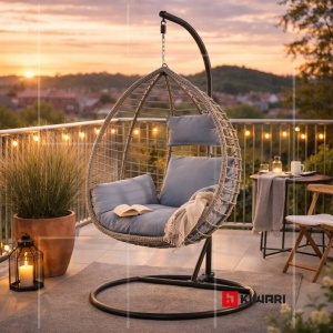 Set 10 balansoare suspendate tip cuib Kiwari Cosy 68x105x115 cm, suport metalic 195 cm, baza rotunda 103 cm, plastic rezistent, casa/gradina/terasa, negru - Img 3