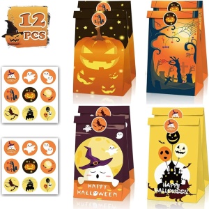 Set 12 pungi si 2 foi cu stickere pentru Halloween, hartie, multicolor, 12 x 7,8 x 20 cm