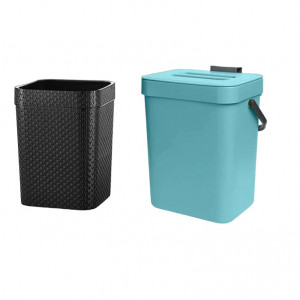 Set 2 cosuri de gunoi pentru bucatarie Mugypyr, plastic, negru/albastru, 23 x 23 x 30 cm/19 x 15 x 25 cm