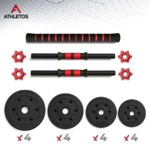 Set 2 gantere reglabile, Athletos®, 30 kg, convertibile in haltera cu bara conectoare, discuri ciment, multiple combinatii, Rosu/Negru, Resigilat, Grad A - Img 4