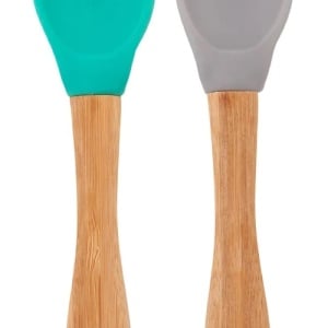 Set 2 Lingurite Minikoioi, Varf din Silicon si Maner din Bambus â€“ Aqua Green/Powder Grey - Img 1