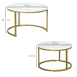Set 2 masute de cafea rotunde stivuibile, otel/placi aglomerate 15mm, masa mare Ø74x46.3cm + masa mica Ø59x38.5cm, capacitate 15kg/masa, picioare reglabile, alb/auriu - Verificat A · Re-Bloom - Img 3