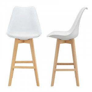 Set 2 scaune de bar Pereira, lemn masiv/plastic/piele PU, alb/natur, 48 x 58 x 105 cm