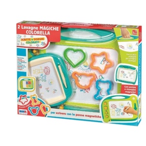 Set 2 tablite pentru desenat cu creion special magnetic, suprafata desen multicolora, 4 forme magnetice si 2 sabloane
