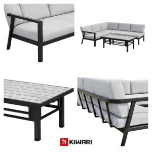 Set 2 x set mobilier gradina Kiwari Marbella 4 locuri, masa 90x50x40 cm + 2 fotolii 70x73x75 cm + canapea 130x73x75 cm, cadru metal, sticla 5mm, perne 11cm, gri - Img 5