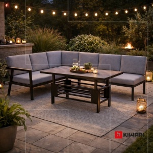 Set 2 x set mobilier gradina Kiwari Montverde, canapea coltar 6 locuri 72/67x166/160x60 cm + masa reglabila 117x63.5x47-67 cm, cadru metal, 9 perne detasabile, terasa/gradina, negru/gri - Img 2