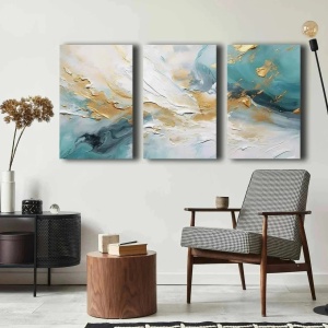 Set 3 tablouri decorative canvas 45x70 cm, panza 100% grosime 2.8mm, rama lemn pin 100%, dimensiune totala 145x70 cm, alb/auriu/albastru - Verificat A · Re-Bloom - Img 2