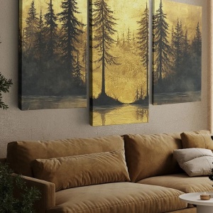 Set 3 tablouri decorative canvas model padure, 2x40x60 cm + 1x40x90 cm, panza 100%/lemn 3cm, auriu/negru - Verificat A · Re-Bloom