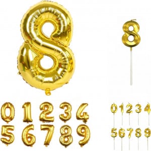 Set aniversar cu balon si lumanare pentru 8 ani REVIBOS, folie/ceara, auriu, 100 cm / 12,5 x 3,5 cm - Img 1