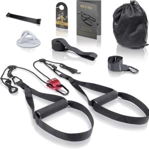 Set antrenament suspensie cu scripete, 7 accesorii, montaj usa/perete/copac, Negru - Verificat A · Re-Bloom