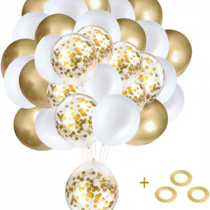 Set baloane Elion, latex, alb/auriu, 60 piese