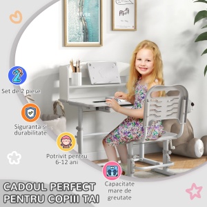 Set birou si scaun copii 6-12 ani, reglabil 82-104 cm, blat inclinabil 45°, sertar, raft carti, MDF/PP/otel, gri si alb - Verificat A · Re-Bloom - Img 4