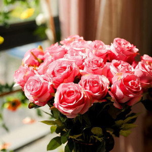 Set de 10 trandafiri artificiali Hawesome, matase/plastic, verde/roz 54 cm - Img 6