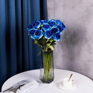 Set de 10 trandafiri artificiali Hawesome, matase/plastic, verde/albastru inchis, 54 cm - Img 4