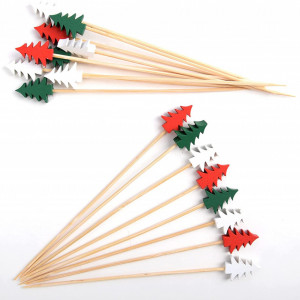 Set de 100 betisoare cu bradut pentru decorare masa de Craciun AWCIGG, bambus, multicolor, 12 cm - Img 1