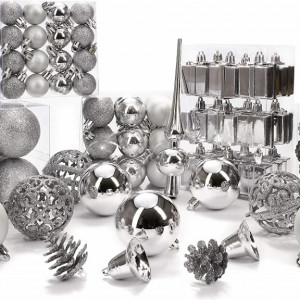 Set de 101 globuri pentru Craciun Brubaker, argintiu, plastic, 3,5 - 5,5 cm - Img 5