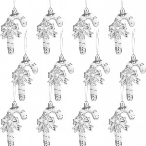 Set de 12 decoratiuni bastonase de Craciun Gwhole, argintiu/alb, plastic, 11 cm