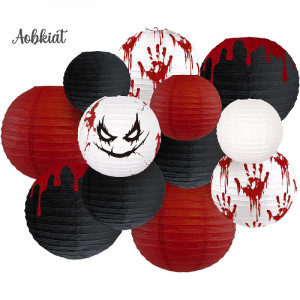 Set de 12 decoratiuni pentru Halloween AOBKIAT, alb/rosu/negru, hartie, 20 /25/ 30 cm - Img 6