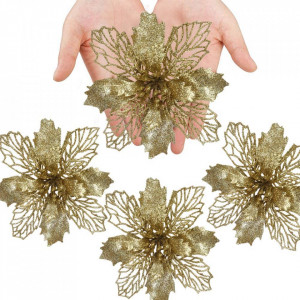 Set de 12 flori artificiale pentru bradul de Craciun Anyingkai, plastic/poliester, auriu, 16 cm / 10 cm - Img 7