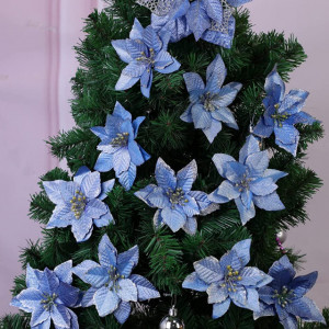 Set de 12 flori cu sclipici pentru bradul de Craciun Crazy Night, albastru, textil, 5,1 cm - Img 5
