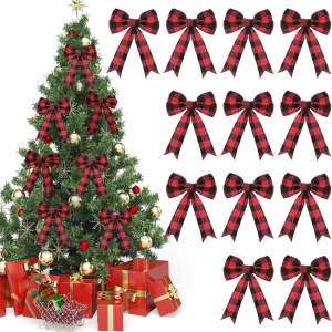 Set de 12 fundite pentru bradul de Craciun K Kumeed, textil, rosu/negru, 17 x 12,5 cm