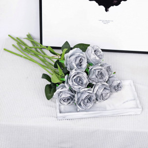 Set de 12 trandafiri artificiali Hawesome, matase/plastic, argintiu/verde, 52 x 7 cm - Img 2