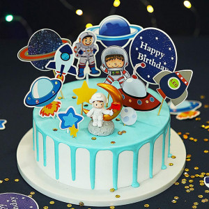 Set de 14 decoratiuni pentru tort OYSJ, model astronaut, carton, multicolor - Img 2