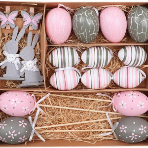 Set de 14 oua cu decoratiuni Valery Madelyn, plastic, gri/alb/roz, 6 cm