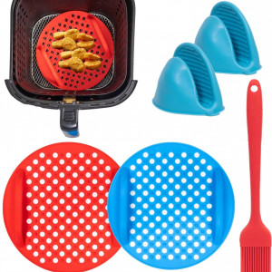 Set de 2 covorase cu manusi si pensula pentru friteuza cu aer Capoferri, silicon, rosu/albastru, 20 cm
