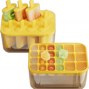 Set de 2 recipiente pentru cuburi de gheata si inghetata YiChenPlus, plastic, galben/transparent, 17,5 x 12,3 x 9,5 cm 