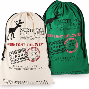 Set de 2 saci pentru cadouri de Craciun Homewit, bumbac, bej/verde, 50 x 70 cm - Img 1