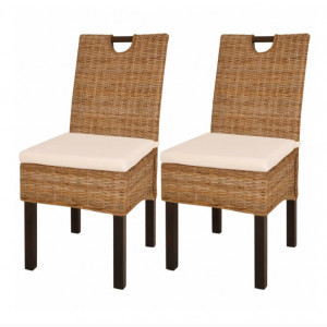 Set de 2 scaune Kubu, ratan/lemn/textil, natur/alb, 46 x 57 x 96 cm