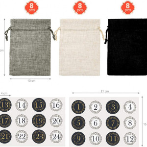 Set de 24 saculeti cu autocolante pentru calendar de advent Naler, textil/hartie, alb/negru/gri, 10 x 14 cm/ 4 cm - Img 5