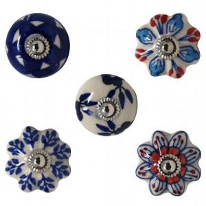 Set de 25 butoane pentru sertare/dulapuri Ajuny, ceramica, albastru/alb, 35 x 40 mm - Img 8