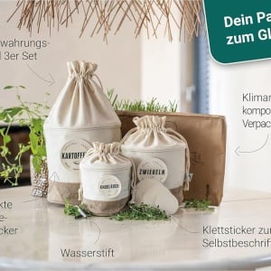 Set de 3 saci pentru depozitare Glückstoff®, iuta/bumbac, alb/natur