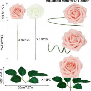 Set de 30 trandafiri artificiali EQLEF, spuma, fildes/roz, 28,5 x 20 cm - Img 4