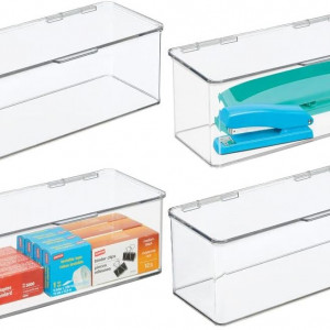 Set de 4 cutii de depozitare cu capac mDesign, plastic, transparent,  34 x 12.7 x 14.6 cm