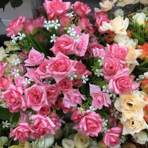 Set de 4 trandafiri artificiali JaneYi , verde/ roz, matase/ plastic - Img 6