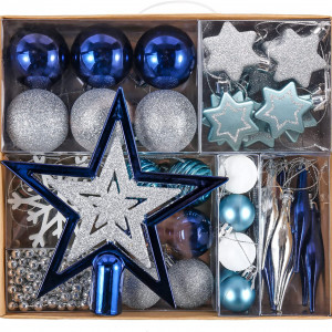 Set de 52 ornamente de Craciun Valery Madelyn, plastic, argintiu/alb/albastru