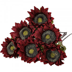 Set de 6 flori artificiale Tifuly, metal/plastic/matase, rosu inchis/verde, 44 cm - Img 1