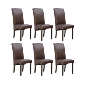 Set de 6 scaune de living Cambridge, piele sintetica maro, picioare lemn inchis - Img 1
