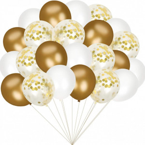 Set de 60 baloane cu confetti Colmanda, alb/auriu, latex, 30 cm - Img 1