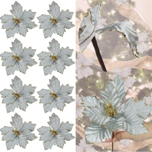 Set de 8 flori Poinsettias pentru Craciun Homcomodar, textil/plastic, argintiu/auriu, 15 x 25 cm