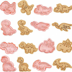 Set de 8 forme pentru biscuiti YGCHEN, tematica dinozauri, plastic, roz, 4-6,5 cm
