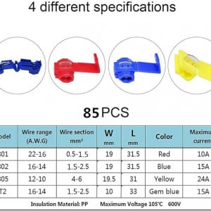Set de 85 conectori de ramificatie Lawnko , polipropilena, multicolor, 0,5 mm² - 6 mm²/10-22 AWG