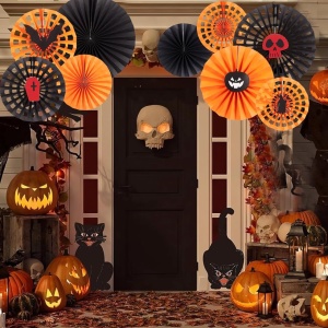Set de 9 decoratiuni pentru Halloween Sunbeauty, hartie, portocaliu/negru/rosu