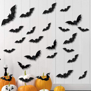 Set de autocolante cu lilieci pentru Halloween AJDSK, 28 piese, negru, PVC - Img 1