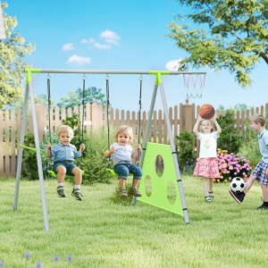 Set de joaca copii 3in1 cu leagan, cos baschet, poarta fotbal, 238x180x182cm, Verde/Gri - Verificat A · Re-Bloom - Img 4