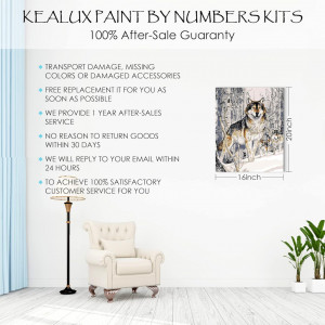 Set de pictura cu numere Kealux, vopsea acrilica, model lup, alb/gri/negru, 40 x 50 cm