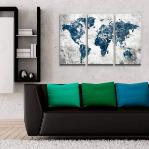 Set de tablouri KEKEMONO, 3 piese, model harta lumii, panza, gri/albastru inchis, 40 x 80 cm - Img 4